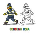 Firefighter or fireman is running. Coloring book