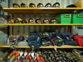 Firefighter or fireman safety protection tools, extinguisher, uniform in a gear storage room, an emergency accident rescue safety