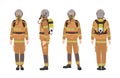 Firefighter or fireman wearing protective gear or uniform, helmet, breathing apparatus and air cylinder. Male cartoon