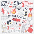 Firefighter Freehand Doodle. Fireman with extinguisher and Equipment Hand Drawn Elements Set