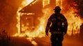 Firefighter in front of a burning house at dusk. Brave firefighter combatting a fierce house fire. Concept of heroism