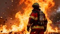 A firefighter in full gear confronts a raging inferno with flames and embers engulfing the scene Royalty Free Stock Photo