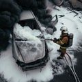 Firefighter Extinguish Burning melting ev electric Car with chemical foam, on a parking lot daytime