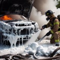 Firefighter Extinguish Burning melting ev electric Car with chemical foam, on a parking lot daytime