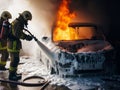 Firefighter Extinguish Burning melting ev electric Car with chemical foam, on a parking lot daytime