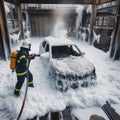 Firefighter Extinguish Burning melting ev electric Car with chemical foam, on a parking lot daytime