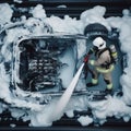 Firefighter Extinguish Burning melting ev electric Car with chemical foam, on a parking lot daytime