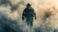 Firefighter in full protective gear walking through smoke during an emergency Royalty Free Stock Photo