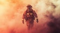Firefighter in full protective gear walking through smoke during an emergency Royalty Free Stock Photo