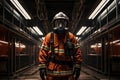 Firefighter in a gas mask standing in a dark underground station, Firefighter bunker suit in the fire station, AI Generated