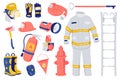 Firefighter gear flat icons set. Fireman professional equipment. Special uniform, fire extinguisher, fire hydrant