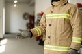Firefighter gesturing toward fire station Royalty Free Stock Photo