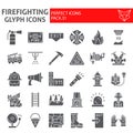 Firefighter glyph icon set, fireman symbols collection, vector sketches, logo illustrations, fire safety signs solid