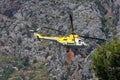 Firefighter helicopter working on wildfires area in Mallorca detail