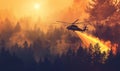 Firefighter helicopter extinguishes forest fire Royalty Free Stock Photo