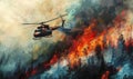 Firefighter helicopter extinguishes forest fire Royalty Free Stock Photo