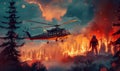 Firefighter helicopter extinguishes forest fire Royalty Free Stock Photo