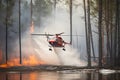 Firefighter helicopter extinguishes forest fire. Generative AI illustration Royalty Free Stock Photo