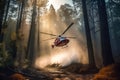 Firefighter helicopter extinguishes forest fire. Generative AI illustration Royalty Free Stock Photo