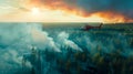 Firefighter helicopter extinguishes forest fire. Rays of the sun through the smoke Royalty Free Stock Photo