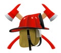 Firefighter helmet or red firefighter hat and two crossed axes isolated on white background. Realistic 3d vector illustration Royalty Free Stock Photo