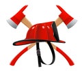 Firefighter helmet or red firefighter hat and two crossed axes isolated on white background. Realistic 3d vector illustration Royalty Free Stock Photo