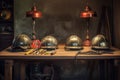 firefighter helmets on a table with vintage firefighting equipment