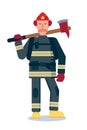 Firefighter holding axe flat vector illustration