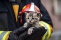 the firefighter is holding on hand a little kitten , he took him out of the fire. Generative AI