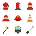 Firefighter icons set, cartoon style