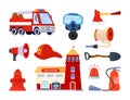 Firefighter kit to put out a fire - flat design style objects set