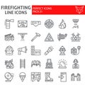 Firefighter line icon set, fireman symbols collection, vector sketches, logo illustrations, fire safety signs linear