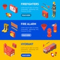 Firefighter Man and Equipment Banner Horizontal Set Isometric View. Vector Royalty Free Stock Photo