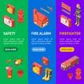 Firefighter Man and Equipment Banner Vecrtical Set Isometric View. Vector Royalty Free Stock Photo