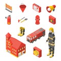 Firefighter Man and Equipment Icons Set Isometric View. Vector Royalty Free Stock Photo