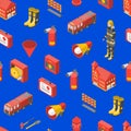 Firefighter Man and Equipment Seamless Pattern Background Isometric View. Vector Royalty Free Stock Photo