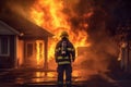 Firefighter man fast action burning house. Generate Ai