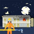 Firefighter man with water hose at burning motel, emergency service in flat cartoon style, vector illustration
