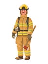 Firefighter man wearing protective uniform and helmet holding an ax in hand. Full length fireman with equipment Royalty Free Stock Photo