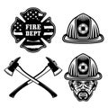 Firefighter objects set of vector elements in vintage monochrome style