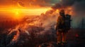 Firefighter observing wildfire at sunset. International Firefighters\' Day