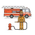 Firefighter officer in personal protecting equipment standing in front of fire engine truck Royalty Free Stock Photo