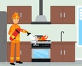 Firefighter in Orange Uniform and Protective Helmet with Fire Extinguisher Near Burning Oven Vector Illustration