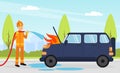 Firefighter in Orange Uniform and Protective Helmet with Hose Extinguishing Fire in Car Engine Vector Illustration