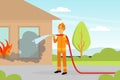 Firefighter in Orange Uniform and Protective Helmet with Hose Extinguishing Fire in House Vector Illustration