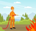 Firefighter in Orange Uniform and Protective Helmet with Hose Extinguishing Fire Vector Illustration