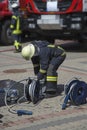 Firefighter prepare equipment