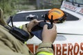 Firefighter preparing drone to make it fly