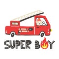 Firefighter print. Fire truck car with lettering. Super boy hand drawn poster, trendy scandinavian style childish collection,