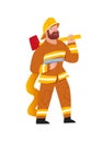 Firefighter. Professional rescuer, handson work profession. Beard man in uniform with fire engine and axe. Vector illustration. Royalty Free Stock Photo